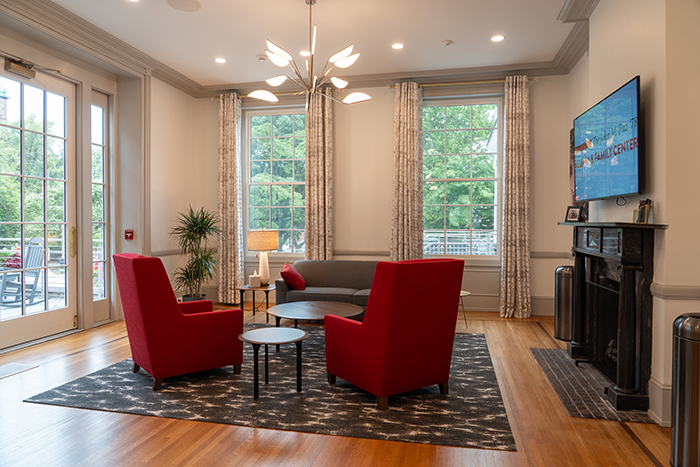 This shared space inside the Paz Center is tastefully accented with Dickinson red. Photo by Dan Loh.