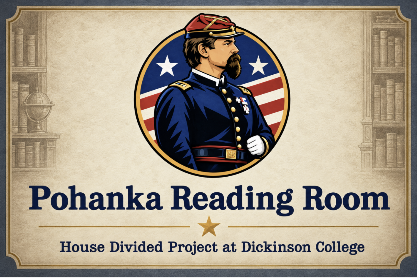 Illustration of a Union Civil War soldier above the text "Pohanka Reading Room"