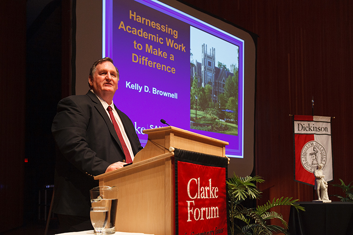 Kelly Brownell delivers the 2016-17 Priestley lecture to a full house in the Anita Tuvin Schlechter Auditorium. Photo by Carl Socolow '77.