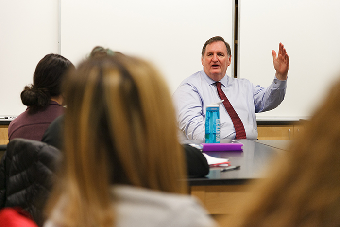 Kelly Brownell, recipient of the 2016-17 Priestley Award, leads a small-group discussion with psychology students. Photo by Carl Socolow '77.