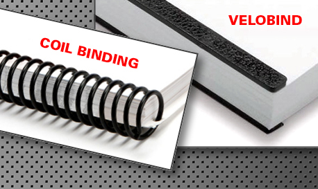 Samples of Print Center bookbinding options: coil bind and velobind.