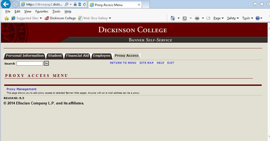 Proxy access menu student screen shot
