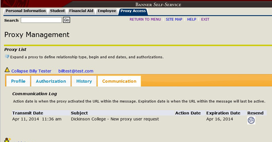 Proxy management communication screen shot