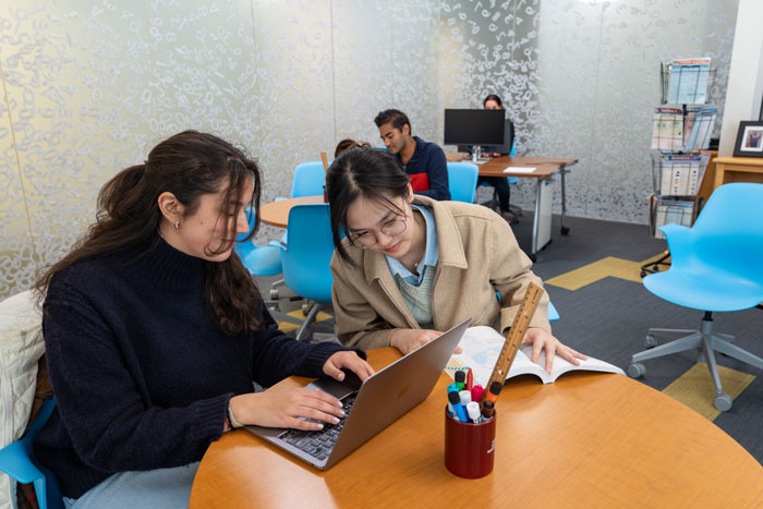 Two students work in a computer lab