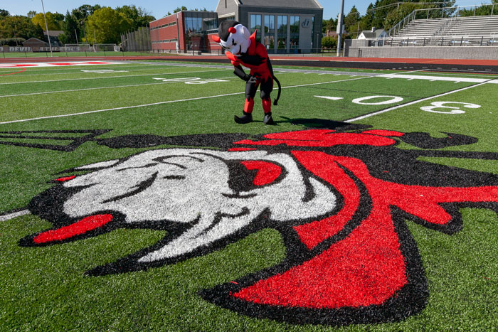 The red devil mascot on Biddle Field