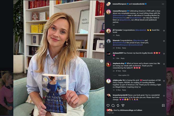 Reese Witherspoon on Instagram holding up Lura Kamoie's book