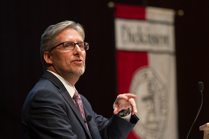 Brett Jenks delivers a Tuesday-evening public address in the Anita Tuvin Schlechter Auditorium. Photo by Carl Socolow '77.