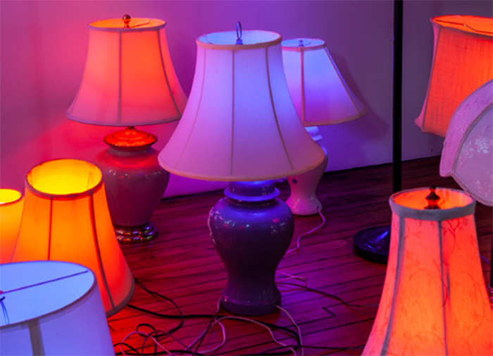 Samantha Polinsky, Anyone Got a Light? (detail), 2019. Lamps of various sizes.