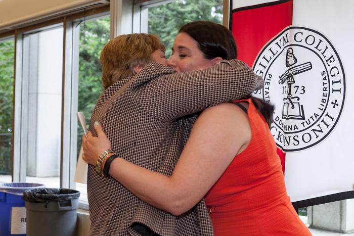 Lisa Kailian '94 and her mother, Silva, share a tearful embrace after Lisa announced that she established a Dickinson Fund scholarship in her mother's name.