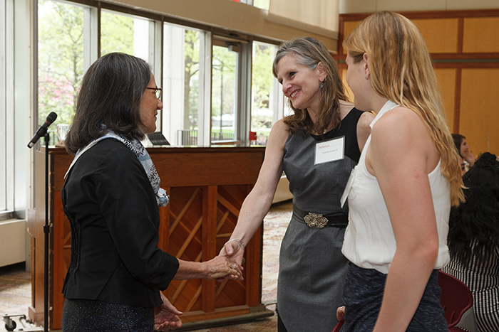 Hayley Murdough '18 and mother Jackie meet with Zoe Pappas (left), wife of the late Dean Pappas 62.