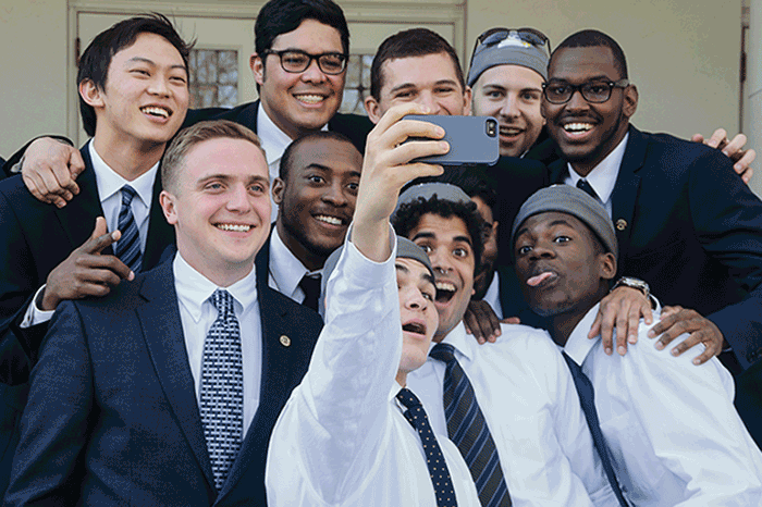 Several Scroll and Key members, including Alejandro Heredia ’16 (second from right, bottom row) at the 2015 tapping ceremony.