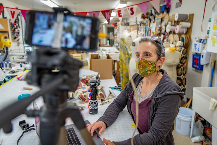 Professor of Theatre Sherry Harper-Macomb in a videoconference call with students