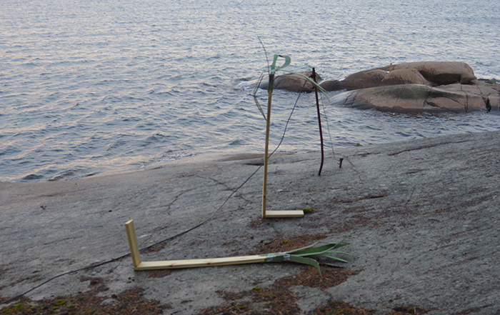 Sif Ankergård, Palm Trees Made of Pine Tree, 2016, cardboard, acrylic paint, pine wood. Installed in Korppoo, Finland.