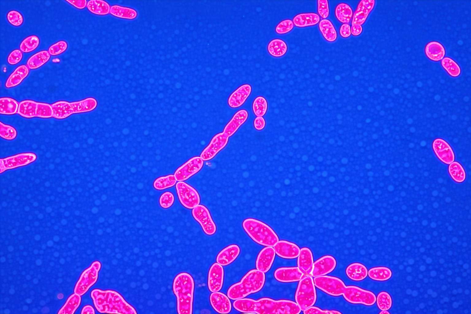 A false-colored light micrograph of yeast cells
