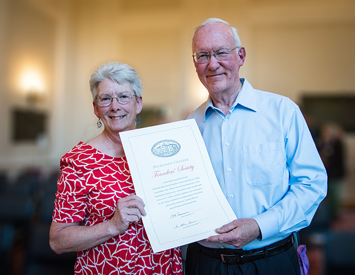 Dave '74 and Sue Stebbins Souerwine '75 were inducted into Dickinson's Founders' Society during the first week of May. Photo by Caroline O'Conner.