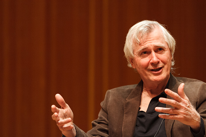 John Patrick Shanley answers a question about his work during a moderated discussion at Dickinson college. Photo by Carl Socolow '77.