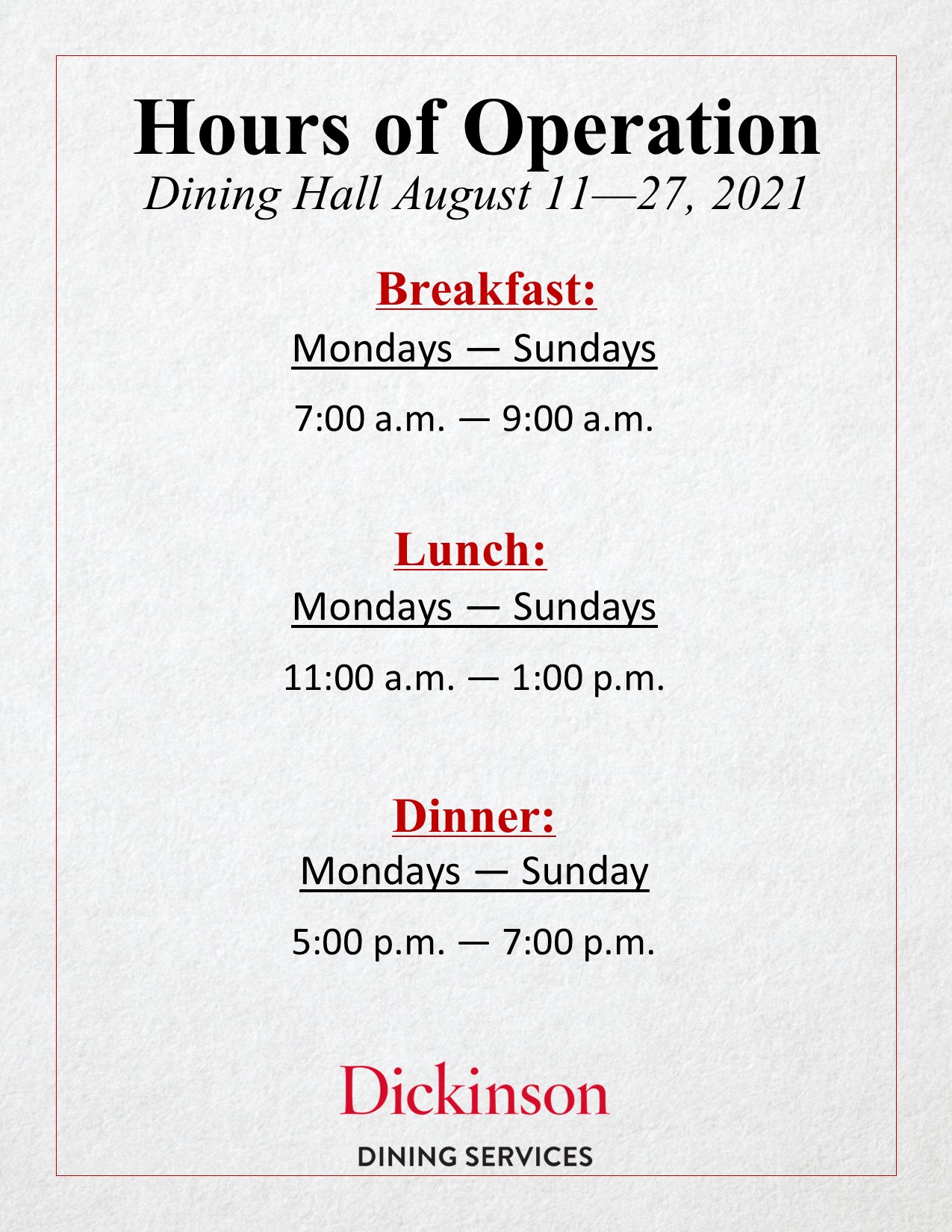 Change in Hours | Announcements | Catering Calendar | Special Hours