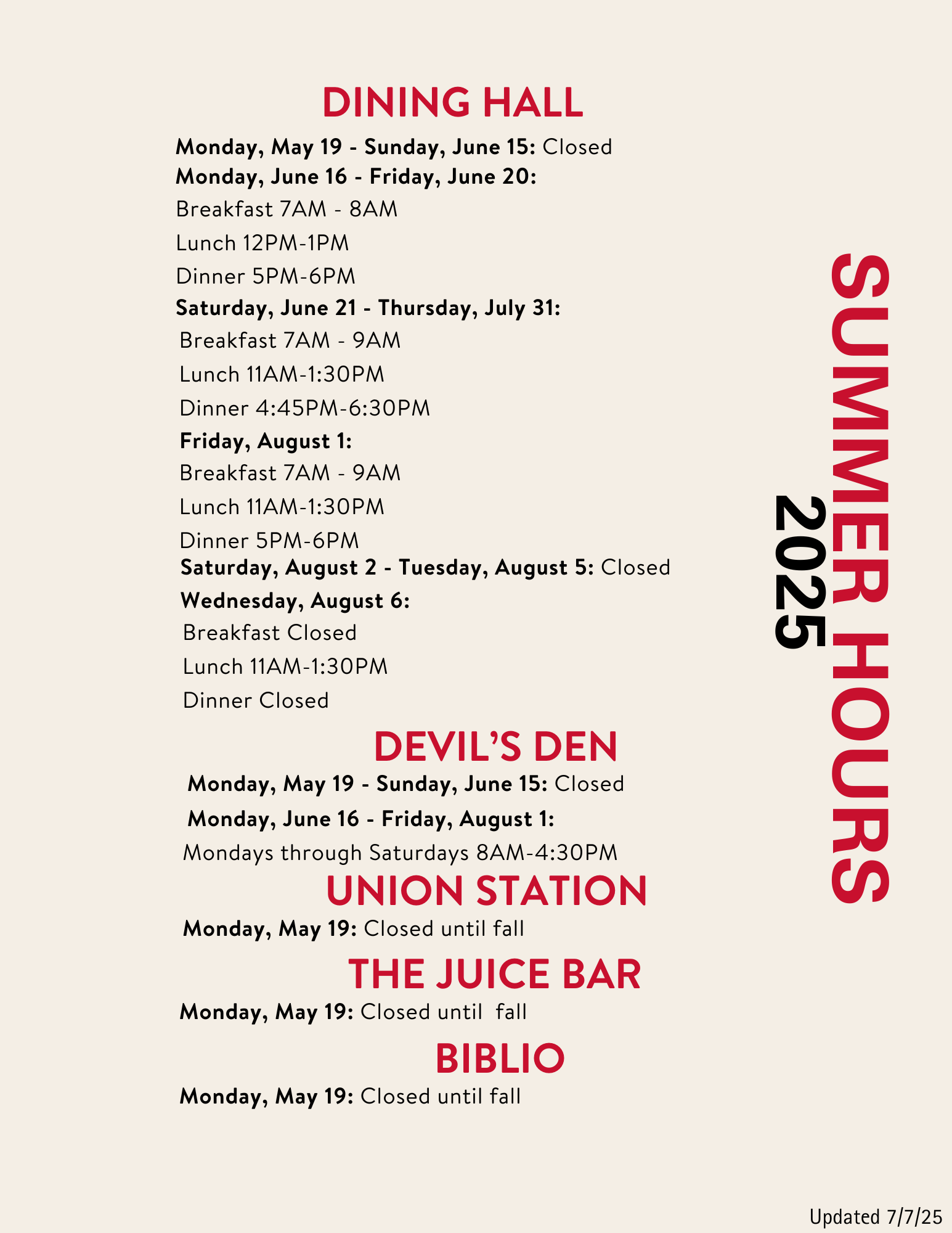Summer hours 2025
