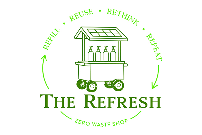 The Refresh Zero Waste Shop Logo featuring a mobile vending cart with 4 pump bottles on top, featuring tagline Refill, Reuse, Rethink, Repeat