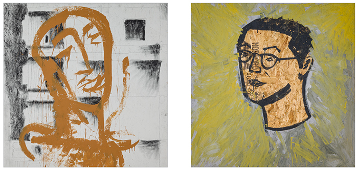 Two by Duanduan Hsieh-Song. Left: Yellow Man, 2019. Acrylic graphite charcoal on chipboard, 48 x 48 in. Right: Yellow Self-portrait, 2019. Acrylic graphite on chipboard 48 x 48 in.