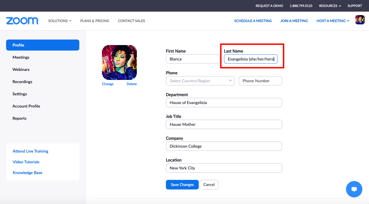 Zoom profile settings with last name box highlighted