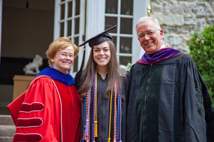 Sarah Nash '19, Dickinson's new Young Alumni Trustee, poses with College President Margee Ensign and Board of Trustees Chair John Jones III '77, P'11.