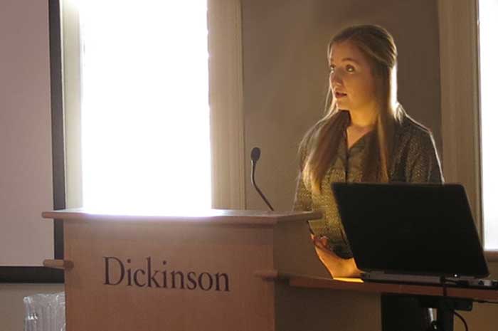 Dana Metclaf '14 discusses her research with fellow students, professors and community members during the American-studies senior research symposium. Her work focuses on the gender divide in American ADHD culture.