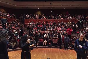 More 500 students along with some faculty and staff members gathered in ATS to discuss inclusivity at Dickinson and begin to develop a list of action items to improve the climate of respect and diversity on campus. Photo courtesy of Student Life & Campus Engagement.