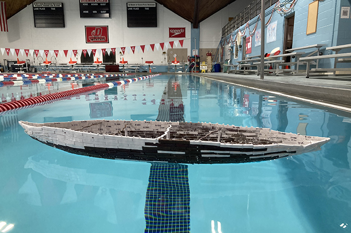 Omerzo put his 3-D-printed model to the test in Dickinson's pool. Photo provided by Hunter Omerzo '24.