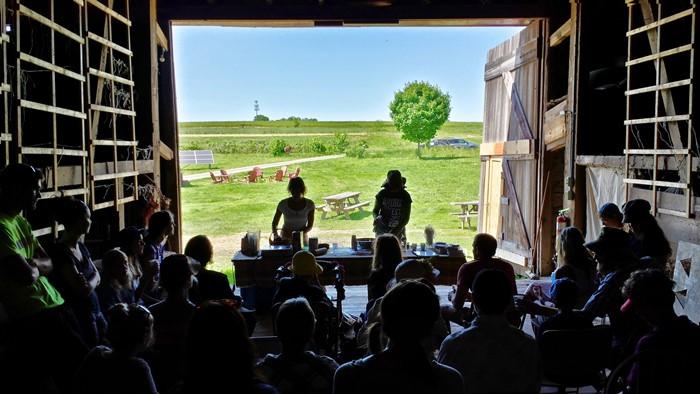 the group moves inside the barn for a lesson in smoothies.