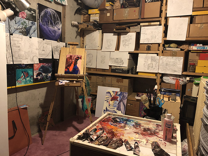 Sarah House '20 was working on large-scale paintings in her Goodyear studio at Dickinson. In her home-basement studio, she's scaled back to smaller works, and has begun sketching the objects she sees around her.