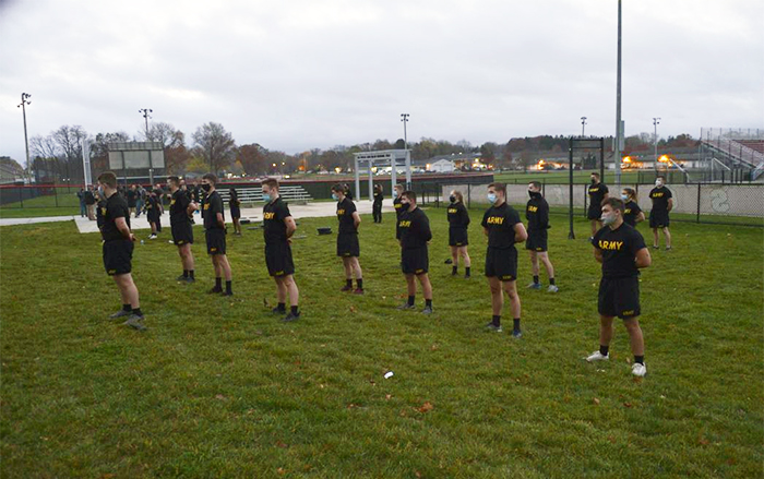 Blue Mountain Battalion ROTC observed Veterans Day with a socially distant workout and brief outdoor ceremony. Photo by A. Pierce Bounds '71.