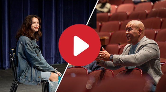 Broadway's Christopher Jackson (right) speaks with a student in an introductory acting class.