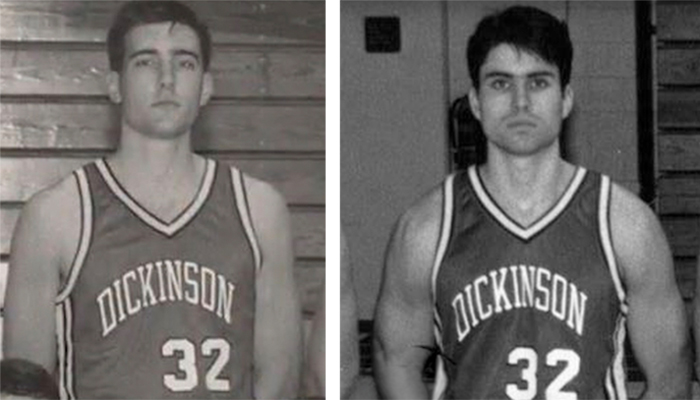 black and white photos of two basketball players.