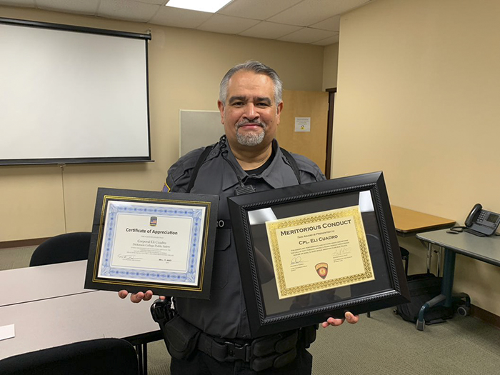 Cpl. Eli Cuadro was recently honored by Dickinson and by the Carlisle Police Department for his compassion and skill in assisting police and saving a young girl's life.