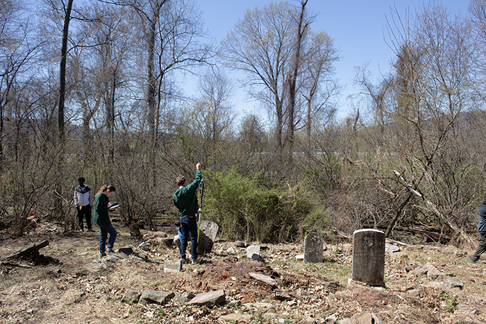 Ten of the 18 students in Jorden Hayes' spring Environmental Geophysics class traveled to the cemetery to collect data, and all of the students analyzed the data. Photo courtesy of Yvette Davis.
