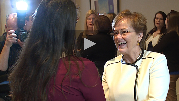 Dickinson's 29th president, Margee Ensign, greets fellow Dickinsonians during a reception in her honor.