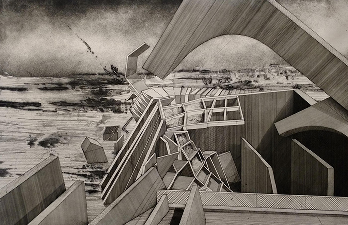 Evan Summer, Ground Collapse, 2014. Etching and drypoint on paper.