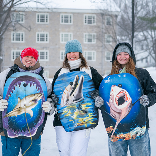 Three students in winter clothes show off their sleds