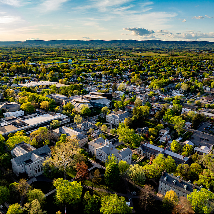 An aerial photo of Dickinson College campus in Carlisle PA