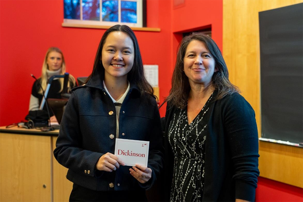 2023 Investment Competition photo featuring Provost &amp; Dean of the College Renée Cramer, and the Second-Place Winner