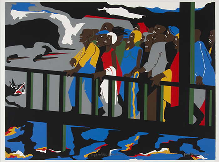 Confrontation at the Bridge (1975) by Jacob Lawrence, serigraph, 19 1/2 x 26 in.