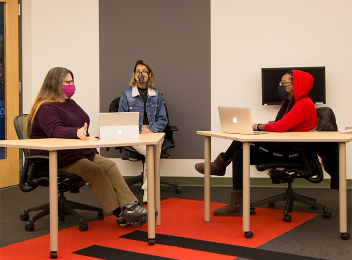 Associate Professor of Psychology Sharon Kingston (far left) co-leads the Pa. program for families affected by caregiver substance abuse. She's pictured above with research assistants Sagun Sharma '21 and Zori Hamilton '22.