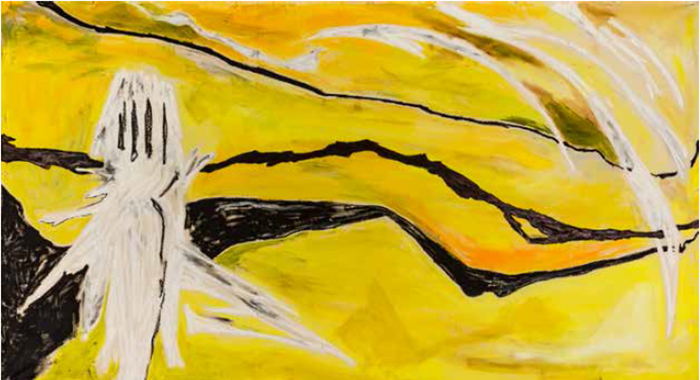 Yellow is the Color (acrylic and oil stick on canvas, 60 x 101 in.) by Lucy West.