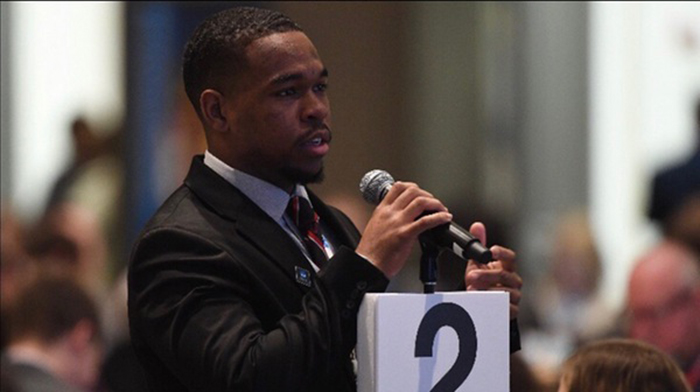 Malcolm Davis '19 speaks during a the NCAA Division III Issues Forum.
