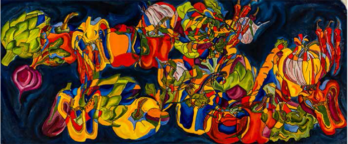 Vegetables (ink and oil on canvas, 54 x 24 in.) by Megan McCulloh ’18.