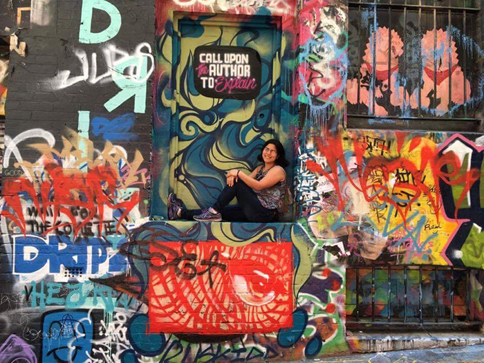 Study-abroad student Nancy Gomez '18, on Hosier Lane, Melbourne, Australia.