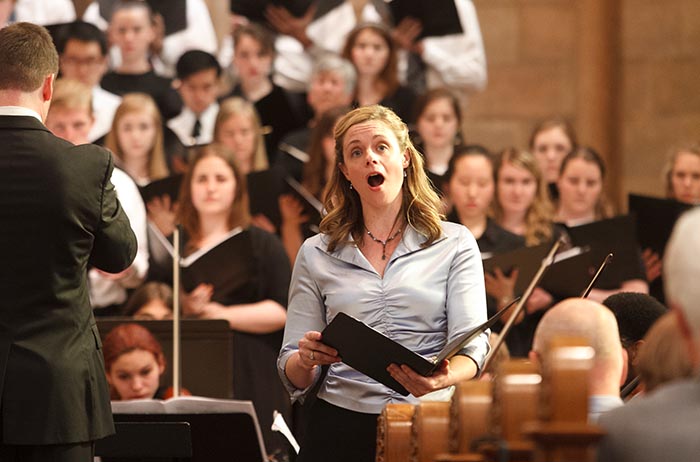 Anne Jennifer Nash '96 sings the soprano solo in Brahms' German Requiem during a Dickinson College performance in honor of Professor Emeritus Truman Bullard. The concert benefited the Bullard musical scholarship program.