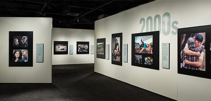 College Photographer Dan Loh's photograph of Monica Lewinsky, shown at the bottom of the far-left wall in a Newseum exhibit of Pulitzer Prize-winning photographs.