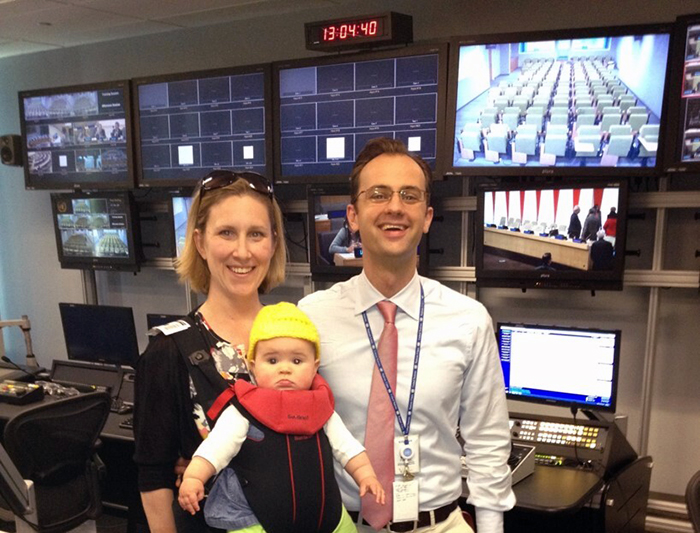 Parke Rhoads &#039;99, Ruth Allen &#039;99 and their daughter, Elizabeth, in the U.N. headquarters, New York City, 2012.